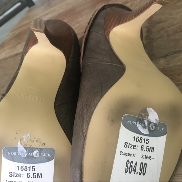 Guess Taupe/Green Stiletto Leather Peep-Toe Boot/Bootie w Buckle Accent. Sz 6.5 - Picture 4 of 6